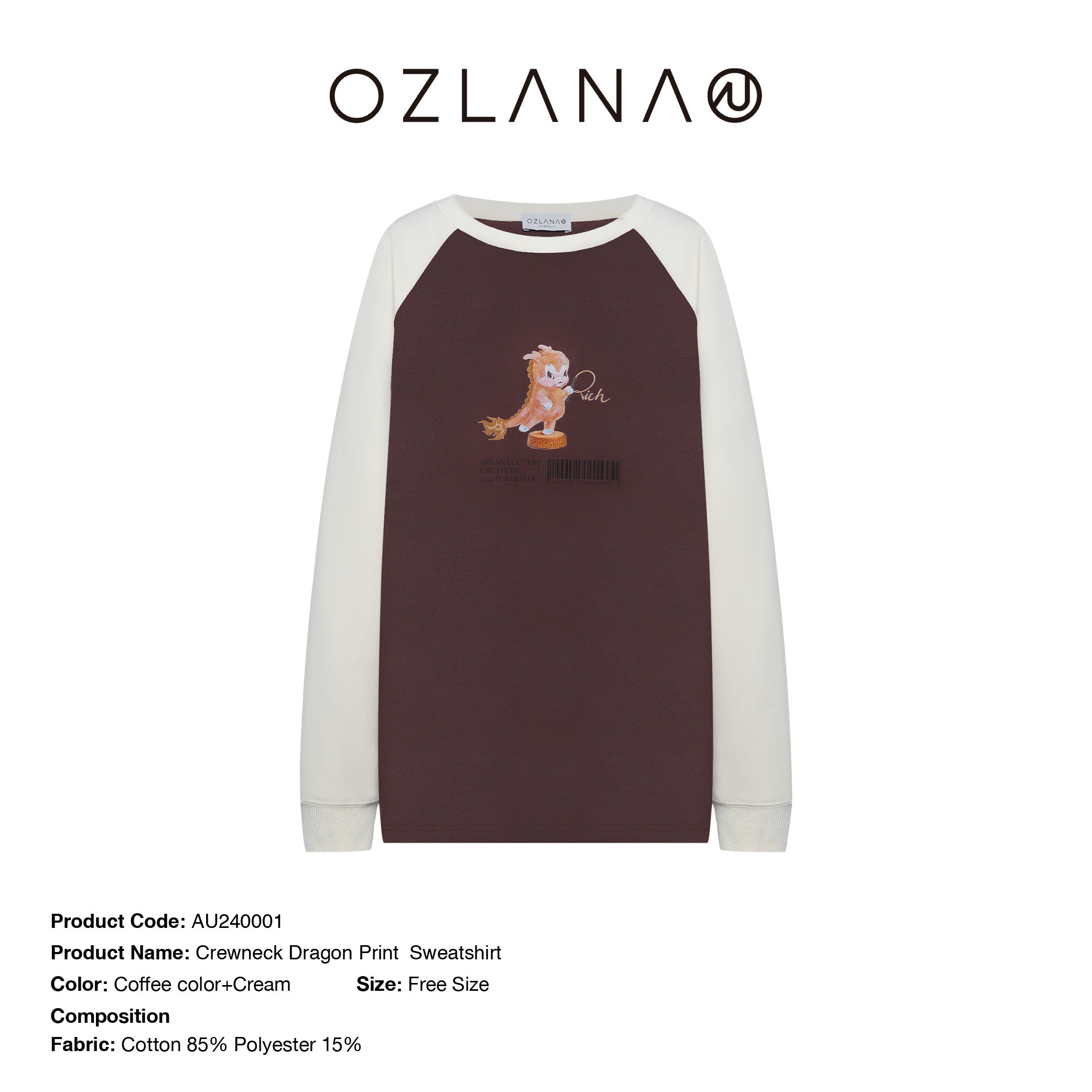 Crewneck Dragon Print Sweatshirt (Coffee/Cream)