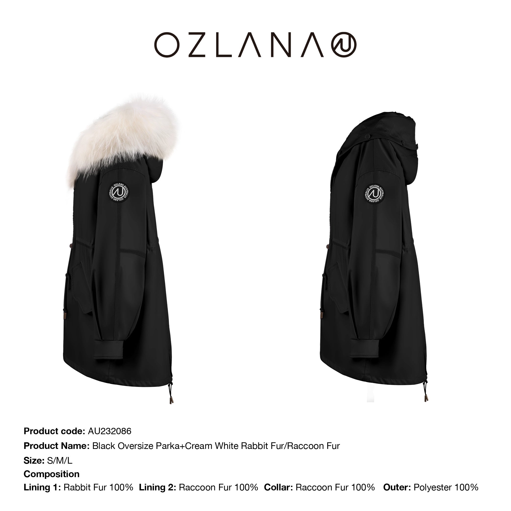OZLANA CANADA Black Oversize Parka+Cream White Rabbit Fur/Raccoon Fur