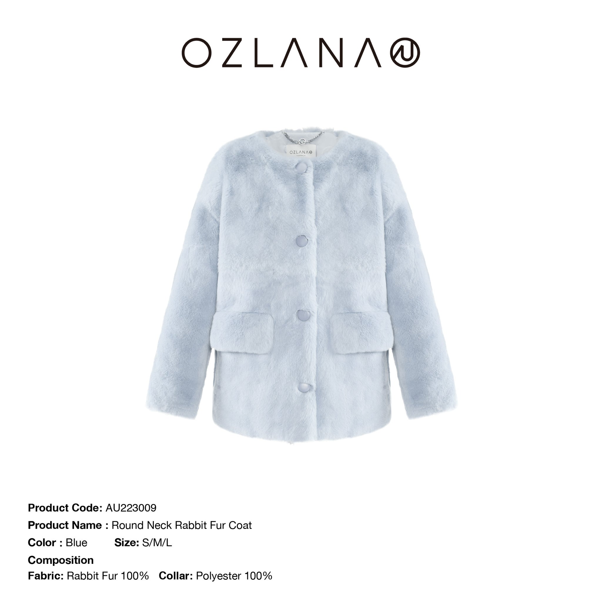 OZLANA CANADA Round Neck Rabbit Fur Coat BLUE